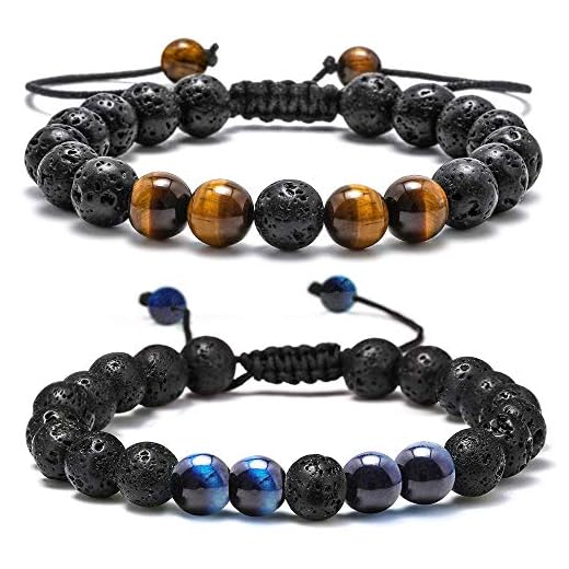 M MOOHAM Lava Rock Bracelet - 8mm Lava Rock Bead Tiger Eye and Blue Tiger Eye Anxiety Bracelet, Men Women Stress Relief Yoga Beads Adjustable Aromatherapy Essential Oil Diffuser Healing Bracelets