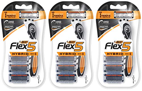 Bic Flex 5 Hybrid Razor - 1 Count Handle & 3 Count Cartridges Per Package - Pack of 3 Packages