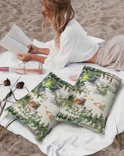 Green Forest Outdoor Pillow Cover 12x20 Inch Cushion Sham Case,Waterproof Decorative Lumbar Throw Pillowcase for Garden Patio Couch Chair Tent Animal Eucalyptus Plant Flower Fox Elk Rabbit Bear