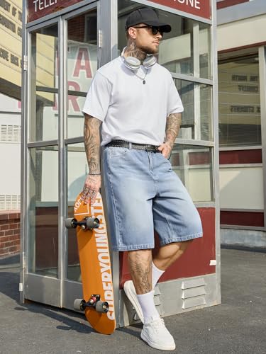 Image of PLEPAN Mens Super Baggy Jean Shorts 12 inch Vintage Loose Fit Wide Leg Long Jorts Y2K Streetwear Below Knee Denim Shorts