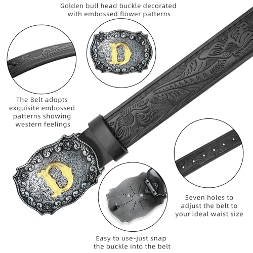 Image of Mens Western Cowboy Cowgirl Faux Leather Belt Longhorn Bull Pattern Letter Big Buckle Embossed Floral Belts