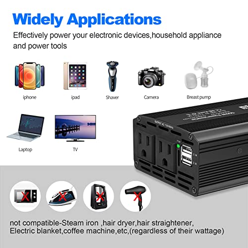500W Power Inverter 12V To 110V, Dc To Ac Converter With 4.2A Dual Usb Charging Ports And 2 Ac Outlets, Car Outlet Adapter #TOP4
