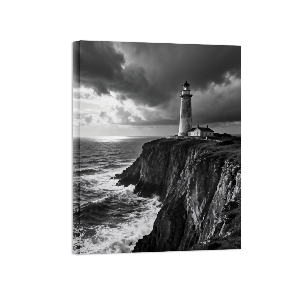 OZPWBVY Black and White Landscape Print Painting-Sea Waves Lighthouse-Minimalist Canvas Wall Art Picture for Home Ready to Hang 24x31in 60x80cm Wrapped Canvas