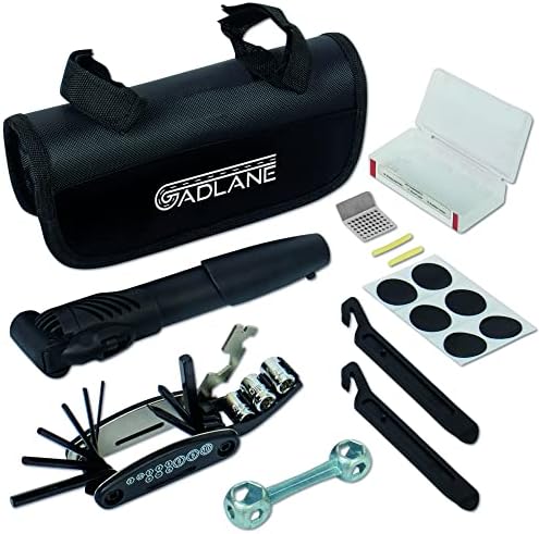 GADLANE Puncture Repair Kit With Mini Bike Pump - 16 In 1 Multi Tool Kit, Bone Wrench, Glueless Tube Repair Kit, 2 x Tyre Levers, Valve Adaptor & Frame Mounted Storage Case - Bike Tyre Repair Kit
