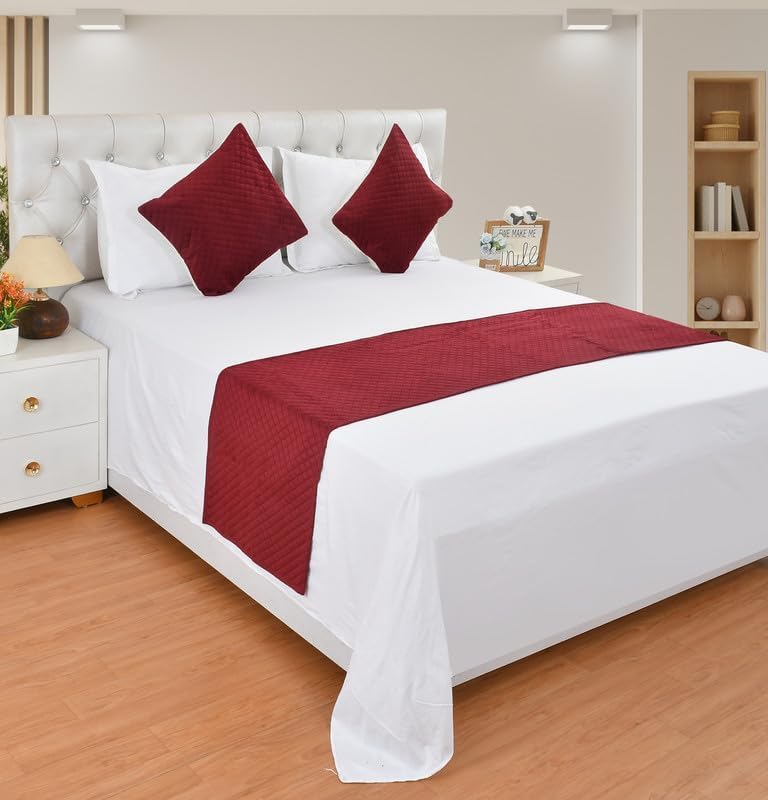 Glace Cotton White Double Bedsheet with 2 Pillow Covers & 200TC Solid Quilted Velvet Bed Runner Scarf with Matching Cushion Covers Decorative Set for Bedrooms/Hotel/Guest Rooms (Maroon)-picture-29