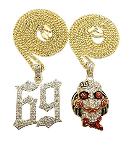 Pyramid Jeweler Mens Hip Hop Iced Out Rappers Inspired 69 Pendant Cuban Chain Necklace (69 & Saw Pendant Necklace set of 2)