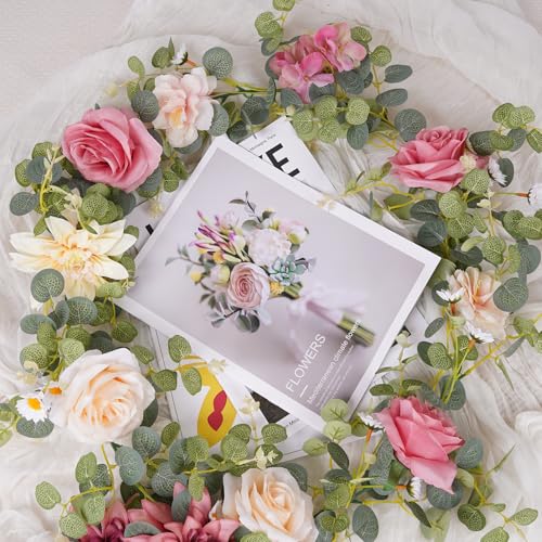 Artificial Pink Flower Garland Decor, 6.07Ft Dahlia Garland Eucalyptus Greenery Garland with Flowers Pink Flower Vines Rose Silk Floral for Wedding Table Centerpieces Garden Party Decor (1 Pack) - Image 6