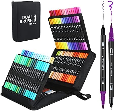 Funnasting Dual Tip Brush Pens, 120 Colors Felt Tip Pens Coloring Pens for adults with Canvas Bag for Adult Coloring Books Drawing Sketching Bullet Journal Calligraphy