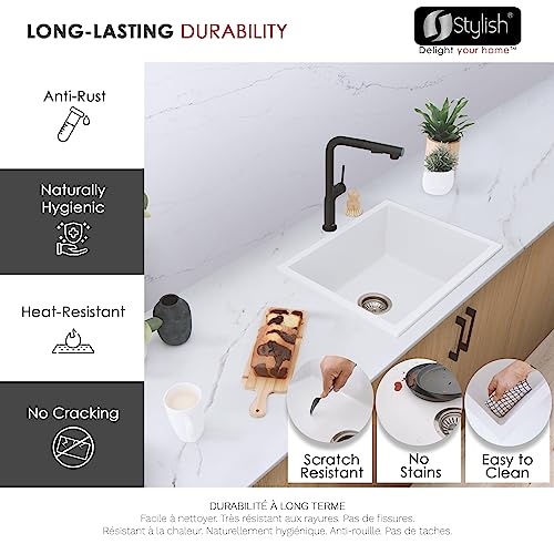 Image of Stylish 22 x 17.5 Composite Granite Kitchen Sink, Single Bowl Under Mount & Drop in, 8.25 in Deep, Rear-Center Drain, with Strainer, White, S-822H
