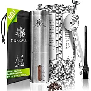 MOKKALOV® Premium hand-koffiemolen van roestvrij staal met keramische maalwerk I Met traploze maalgraad instelling + geniale functies en recepten I handmatige espressomolen incl. accessoires)