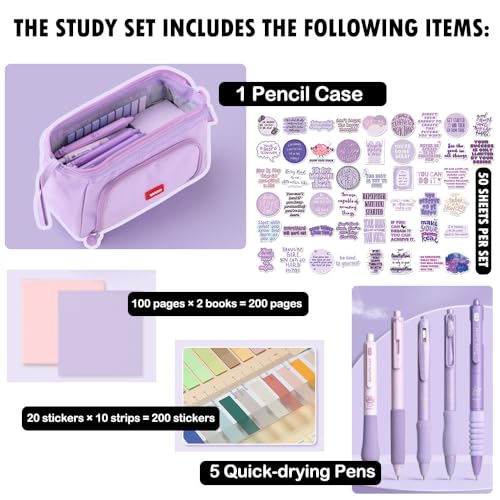 Image of HVOMO Stationery Set,1 large-capacity pencil case,5 quick-drying pens,50 waterproof stickers,2 sticky note pads(200 sheets),1 set of 10-color index labels (200 sheets),Student stationery gift (Purple)