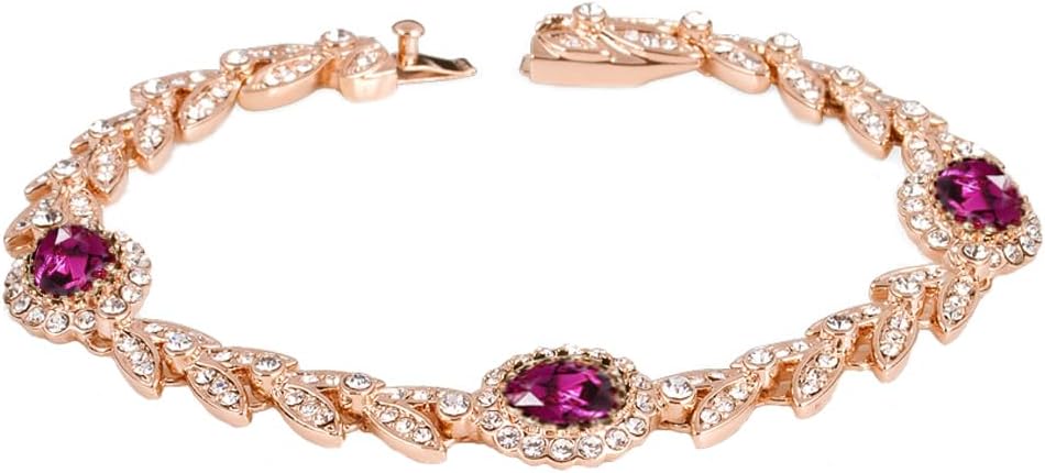 Purple Crystal Bracelet for Women, 7.28" Rose Gold Leaf Design Tennis Bracelet with Sparkling Cubic Zirconia, Elegant Vintage Jewelry Wedding Prom B36