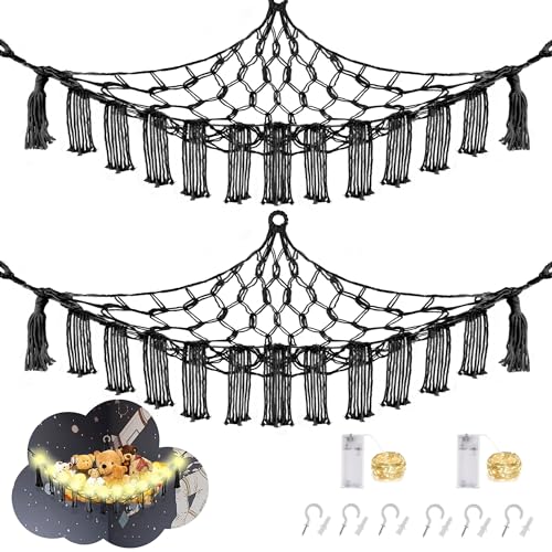 Image of CERETIA Stuffed Animal Hammock with LED Light, Large Stuffed Animals Storage Corner Plushie Net for Kids Room Decor, 2 Packs Black