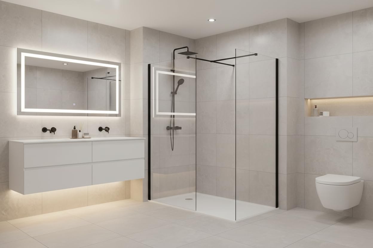Walk in Shower Enclosure Black Trim 8mm Tempered Safety Glass Wetroom Shower Screen Panel (900mm Screen with 700mm End Panel)