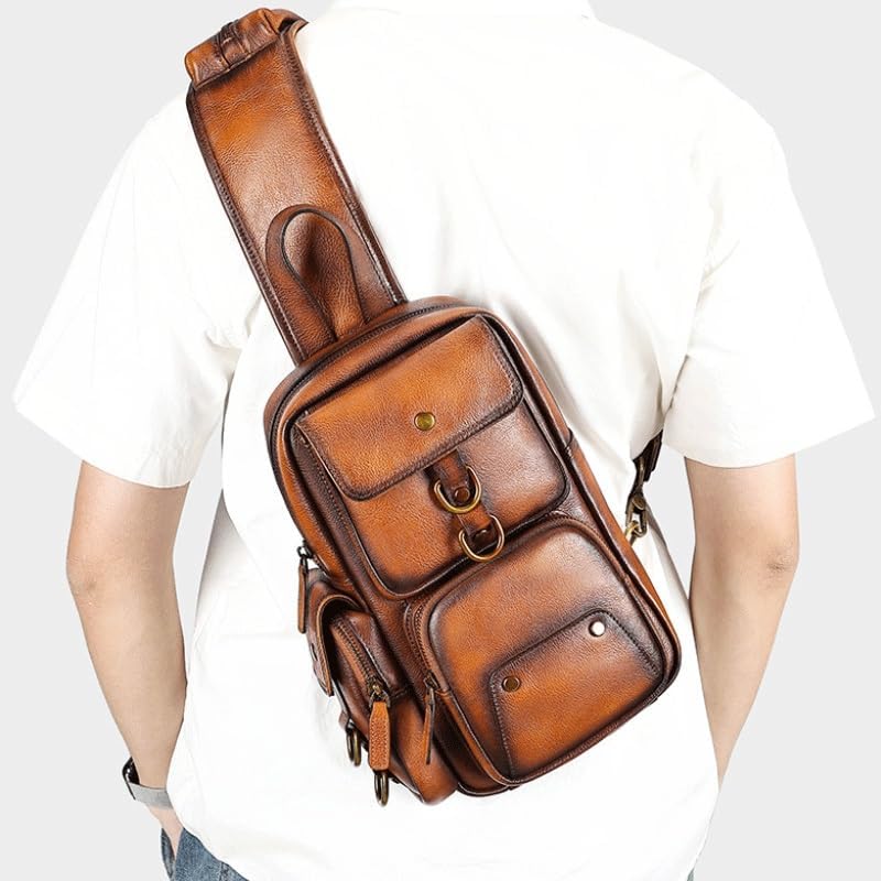 Handmade Genuine Leather Crossbody Bag for Men Single Shoulder Strap Large Capacity