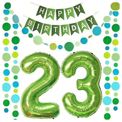 2 globos con el número 23 verde + guirnalda de cumpleaños + guirnalda verde para 23 cumpleaños, decoración de hombres y mujeres, 23 años, 23 globos de cumpleaños con número 23 globos