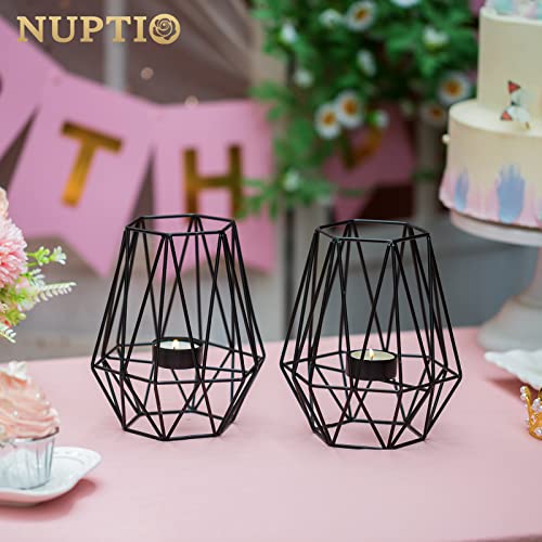 Nuptio 2 Pcs Black Tealight Candle Holders For Living Room, Geometric Hexagon Tea Light Holder Wedding Table Decoration, Votive Candle Holder For Birthday Party Events Home Decor #TOP2