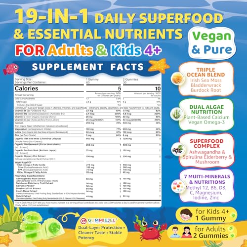 Image of 2pack Sea Moss Gummies for Kids & Adults, 19-IN-1 Super Food with Elderberry, Spirulina, Algae Omega 3, Algae Calcium, Ashwagandha, Mushroom, Vitamins D3, C for Immune, Gut, Bone, Energy, Brain, Vegan