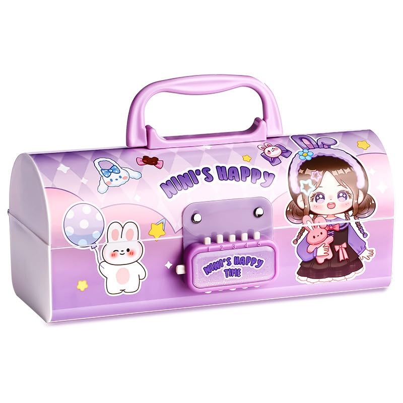 SAJANI Multi-Functional Pencil Box with Double Password Lock, Stationary Organizer Case, Suitcase Style Pencil Case for Boys & Girls (Pack of 1) (Mini's Happy Time), Lavender-image-32
