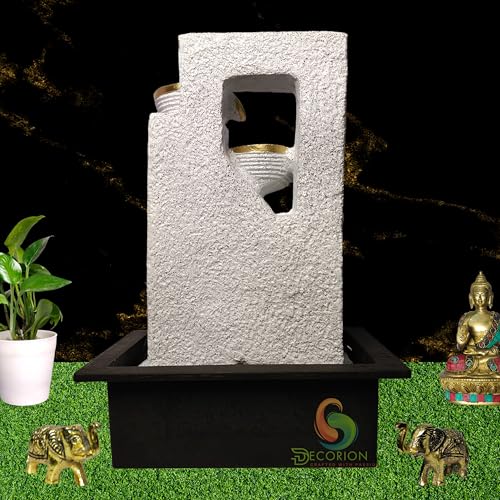 Image of Decorative Table Top Water Fountain for Home Decor /Office /Indoor & Outdoor /Garden /Puja Room /Vaastu with Multicolor LED Light and Adjustable Water Pump (White Leaf Diya D-040)