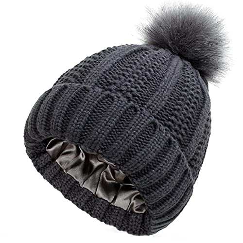 Joligiao Mujer Gorro de Punto con Forro de Satén para Invierno Gorro de Esquí Gorro de Calavera Antifrizz Gorro de Dormir Pelo Rizado Ajustable Gorro con Forro de Seda(Gris Profundo,Talla única) Cover