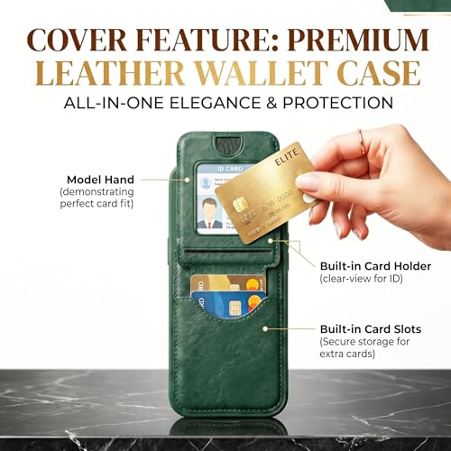 Image of amazon basics Premium Vegan Leather Back Cover with Card Holder and Integrated Mobile Stand for iPhone 17 Pro Max - Slim Shockproof Wallet Case with Geometric Stitching [Green]