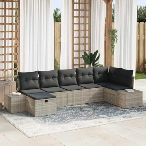 QJBSAVVA - QJBSAVVA Ensemble de canapé de jardin, 7 pièces, gris clair, 55 x 62 x 69 cm, en polyrotin résistant aux intempéries, modulaire, avec espace de rangement, meuble de balcon, peu encombrant pour petite