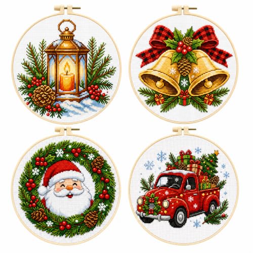 Image of Zhenqing 4 Christmas Cross Stitch Kit, 11CT Santa Truck Bell Set