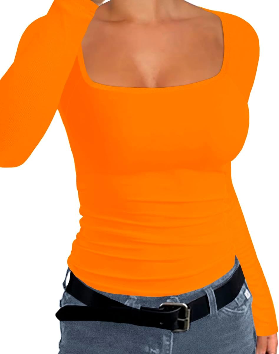 Afibi Women Ribbed Long Sleeve Square Neck Slim Fit Stretchy Basic T Shirts Tops - Image 2