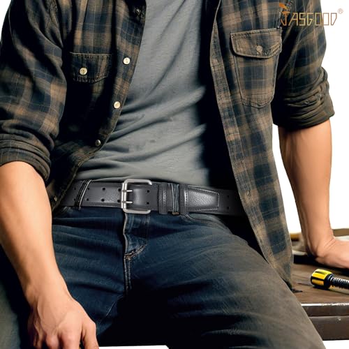 Image of JASGOOD Men Double Prong PU Leather Belt Casual Work Heavy Duty Belt Double Grommet Holes Belt for Jeans