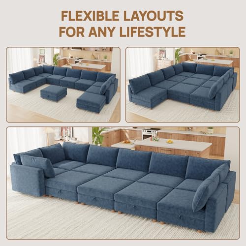 Image of 128 inch Modular Sectional Sleeper Sofa Bed with Storage & Washable Covers, 10-Seater Chenille Modular Sofa Bed with Movable Ottoman Chaise, Convertible Sleeper Sectional Couches for Living Room, Blue