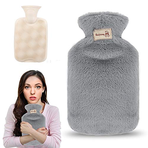 Premium Wärmflasche mit Bezug, 800ml Wärmeflasche mit weichem Plüschbezug, Bettflasche mit Fleece Cover für Kinder und Erwachsene, Schmerzlinderung, Heiß- und Kältetherapie (Hellgrau)