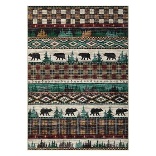 GarveeHome Washable Area Rug 4x6 Rug for Living Room Christmas Rug Plaid Rug Animals Non Slip Entryway Rug Soft Bedroom Rug Low Pile Stain Resistant Carpet for Office, Rustic|Green&Brown 4'x6'
