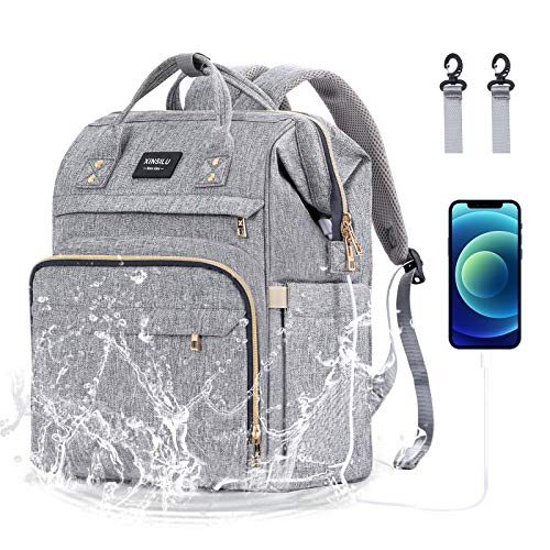 Diaper Bag Backpack, Xinsilu Nappy Bag Bags for Mom and Dad Diaper Bag with USB Charging Port Stroller Straps Thermal Pockets,Water Resistant, Gray