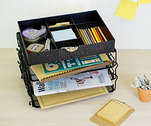 CAXXA 3 Trays Stackable Mesh Letter Tray, Desk File Organizer, Desktop Paper Tray Holder with Drawer, Black