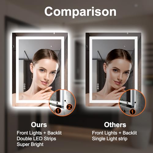 Twalsu 24x32 LED Mirror for Bathroom with Double LED Strips, Front and Backlit Lighted Mirrors for Bathroom Wall, 3 Colors and Stepless Dimmable LED Vanity Mirror with Lights, Anti-Fog, Memory