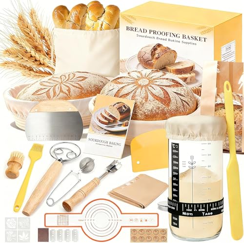 Sourdough Starter Kit Sourdough Bread Baking Supplies Round & Oval Banneton Bread Proofing Basket Bread Sling Starter Jar Dough Whisk Scrapers Stencils & Bag Complete Sourdough Kit Gifts