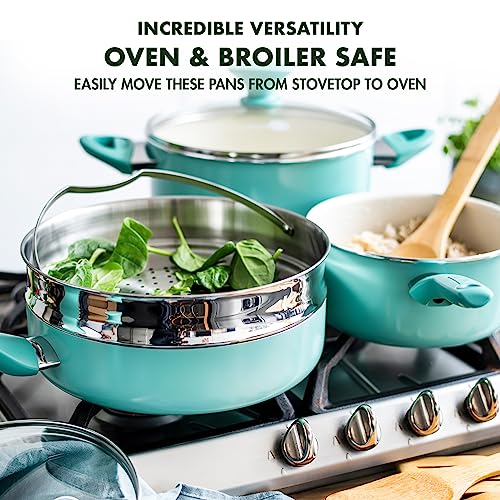 Image of GreenPan Rio Healthy Ceramic Nonstick 16 Piece Cookware Pots and Pans Set, PFAS-Free, Dishwasher Safe, Turquoise
