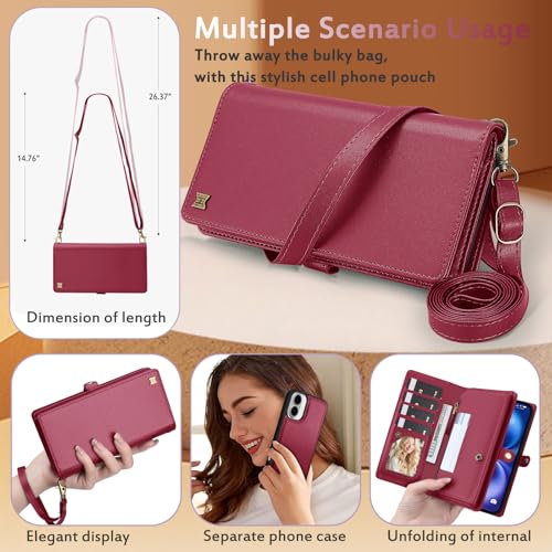 MEGSHI for Wallet Case Compatible with iPhone 16,Multi-Function Detachable 2 in 1 Magnetic iPhone 16 Case Wallet,Flip Strap Zipper Card Holder Phone Case with Shoulder Straps (Red) by MEGSHI - Used condition - Image 4