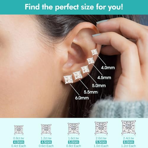 Princess Cut Moissanite Stud Earrings, Lab-Created Diamonds, 0.8-2.4ct D Color, VVS1 Clarity, Hypoallergenic, White Gold-Plated 925 Sterling Silver, Anniversary Birthday for Women Men3