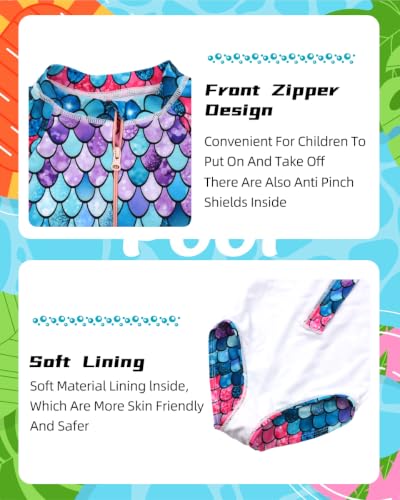 Image of Girls One Piece Swimsuit Long Sleeve Rash Guard UPF 50+ Age 2-12Y | UPF 50+ Sun Protection,Quick Dry,Front Zipper,Bright colorful ,Great for beach pool Play,Little Kids Bathing Suits