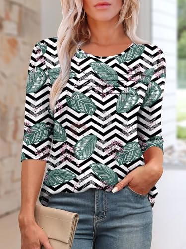 KISSMODA Women's Casual 3/4 Sleeve T-Shirts Round Neck Cute Tunic Tops Basic/Pleated Summer Tops Trendy Spring Blouses