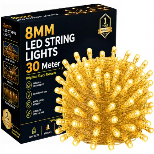 Image of Gesto 30 Meter LED String Lights - Warm White 8mm Big Led Fairy Lights for Decoration | 360 Glow Waterproof Copper Wire Lights for Home Decor Balcony Outdoor Christmas & Diwali Decoration- Pack of 1