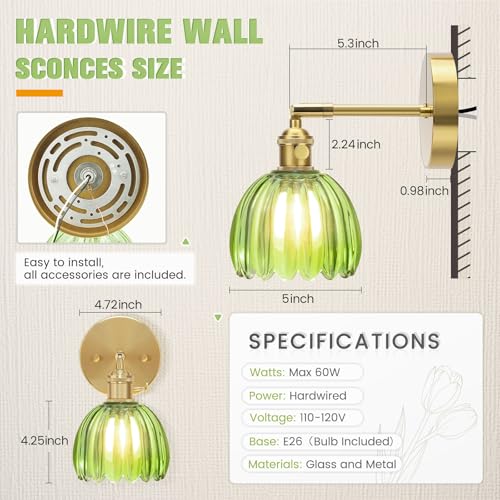Image of NIORSUN Wall Sconce with Green Glass Lampshade, 180 Adjustable Vintage Wall Sconce with 3000K Edison Bulb, Hardwired Tulip Sconces Wall Lighting with Switch for Bedroom Bathroom Hallway Living Room