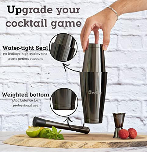 Black Boston Shaker Cocktail Shaker Set | Professional Bartender Kit With Weighted Martini Mixer, Hawthorne Strainer, Jigger, Mojito Muddler, Mixing Spoon & 2 Liquor Pourers…… #TOP4