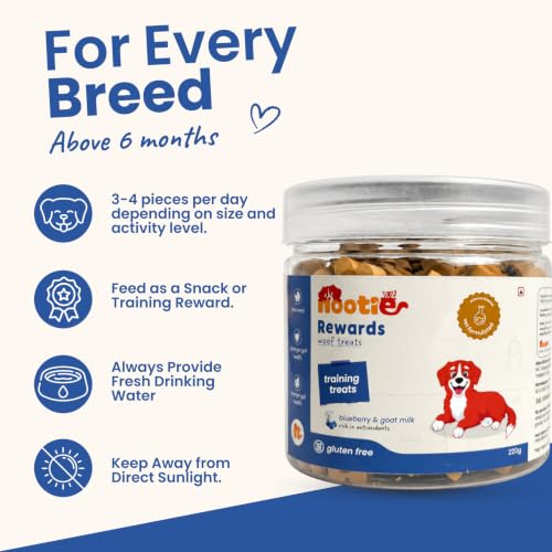 Image of Nootie Gluten Free Treat for Dogs | Fully Digestible Healthy Snack & Training Treat | Complete Dental Care for All Life Stages & Breeds | Real Goat Milk & Blueberry Treats | (220g)