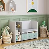 [en.casa] Kindersitzbank mit Regal Høylandet Sitzbank mit Stauraum Kinderregal mit 3 Aufbewahrungsboxen Kinderzimmer 76 x 112 x 40 cm Schuhbank mit Sitzfläche Weiß/Mintgrün