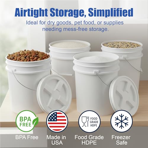 Image of ePackageSupply 5 Gallon Bucket - Food Grade w /Lid BPA-Free, White /White, 3 | Airtight Gamma Seal Screw-On Lid, Heavy-Duty 90 Mil HDPE Plastic, Food Safe and Durable Container, Bulk Storage, Made in USA