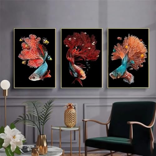 Carpe koï peinture sur toile pour salon moderne décoration triptyque poisson rouge