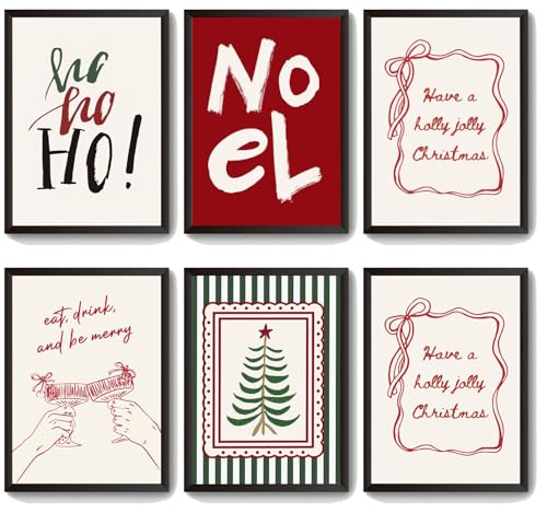 6 Pcs Fashionable Christmas Wall Art Decor Retro Festive Bohemian-Style Theme Christmas Posters Prints Holiday Aesthetic Images for Living Room Bedroom Girl Room Decoration 12 * 16in Posters